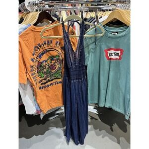 Vintage Y2K Blue Bohemian High Slit Crochet Chest Cover Up Beachy Dress Size S